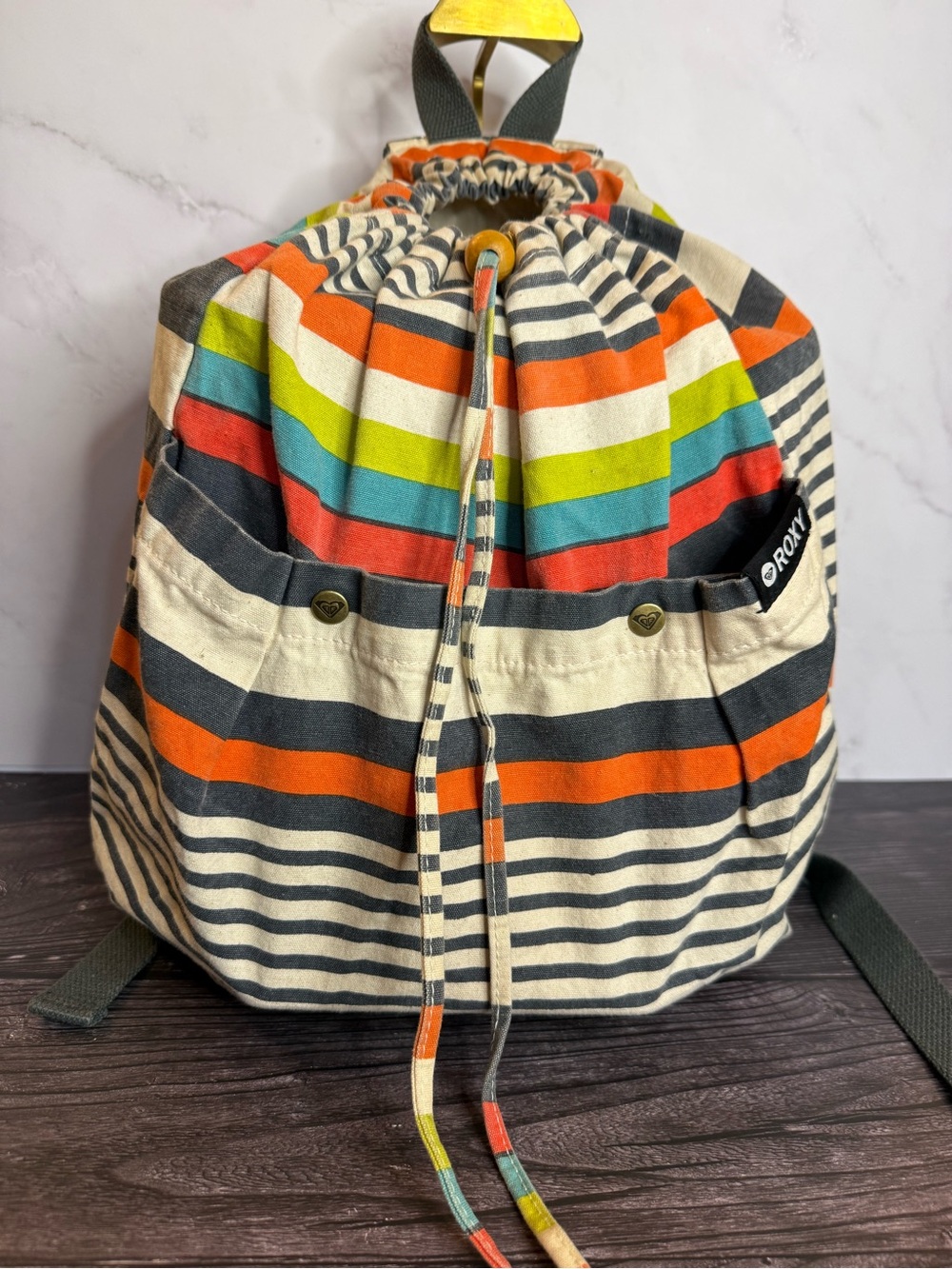Roxy Vintage Y2K Multicolor Striped Canvas Drawstring Backpack